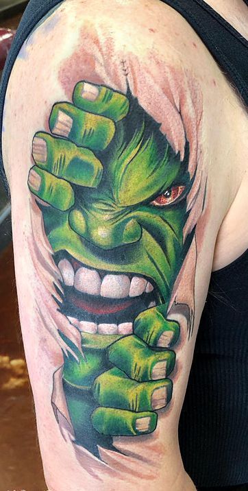 Dragon Koi Tattoo Design, Super Hero Tattoos, Ripped Skin Tattoo, Hulk Tattoo, Tato Paha, Hero Tattoo, Spiderman Tattoo, Colored Tattoo Design, Chicano Tattoos Sleeve