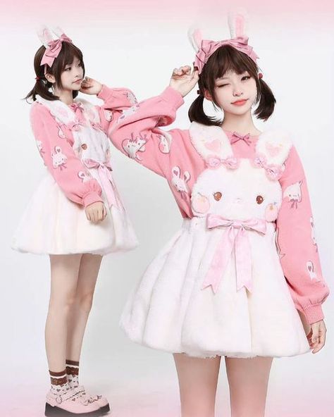 Kwaii Dress, Bunny Clothes Aesthetic, Pink Bunny Dress, Kawaii Bunny Outfit, Bunny Outfit Cute, Pink Cute Clothes, How To Style Pink Skirt, Bunny Outfit Aesthetic, Bunny Themed Outfit