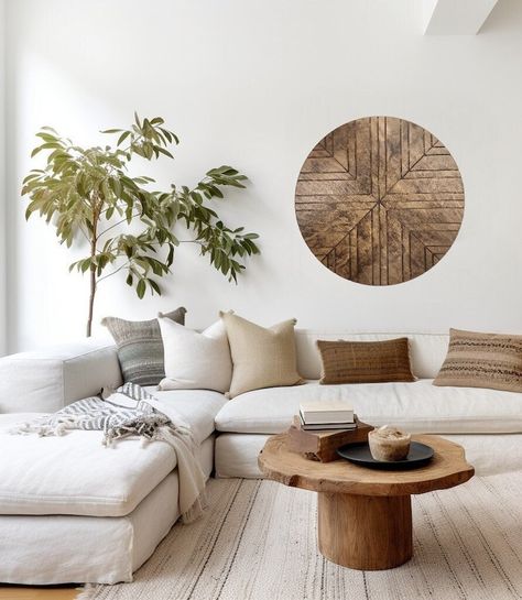 Round wood with carved detail. Living Room Unique, Modern Wood Wall Art, Modern Wood Wall, Carved Wood Wall Art, Room Unique, Geometric Wall Decor, Wall Art Gallery, Wall Art For Living Room, Wall Art Boho