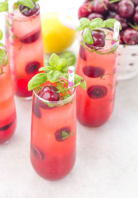 Cherry Basil Lemonade | Simply Made Recipes Cherry Simple Syrup, Party Food Snacks, Best Party Ideas, Summer Drinks Nonalcoholic, Basil Simple Syrup, Strawberry Basil Lemonade, Honey Lemonade, Flavored Lemonade, Basil Lemonade