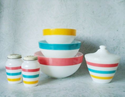 Highly Collectible Fire King Banded Kitchen Set | Vintage/Re… | Flickr Atomic Kitchen, Fire King Dishes, Glass Fridge, Striped Bowl, Vintage Dishware, Kitschy Kitchen, Vintage Fire King, Vintage Tableware, Pastel Stripes