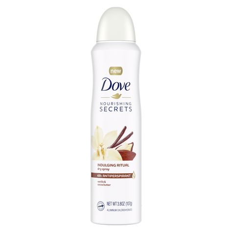 Dove Nourishing Secrets Dry Spray Antiperspirant Indulging Ritual Vanilla and Cocoa Butter Dove Vanilla Deodorant Spray, Dove Spray, Dove Nourishing Secrets, Dove Antiperspirant, Underarm Care, Secret Deodorant, Female Products, Bath Scrub, Dove Deodorant