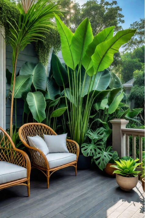 Lush greenery and pops of color on a front porch Tropical Planter Ideas, Tropical Front Porch, Wood Crafts To Sell, Cake Women, Easy Pumpkin Pie Recipe, Dream Home Office, Pumpkin Pie From Scratch, Neapolitan Cake, Front Porch Plants