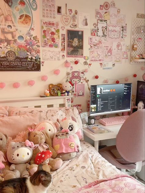 Cute Room Inspo Sanrio, Sanriocore Room, Kawaii Sanrio Bedroom, Sanrio Bedroom, Minimalist Cutecore Room, Pink Dorm Room Decor, Sanrio Room, Sanriocore Room Bed, Pink Dorm Rooms