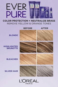 Brighten your blonde with EverPure Purple Shampoo and Conditioner. Instantly neutralizes brassy orange and yellow tones. For all blonde, bleached, highlighted brunettes and silver hair. 100% sulfate-free. Brown Highlighted Hair, Lightening Shampoo, Blonde Highlights On Dark Hair, Loreal Hair, Hairstyles Theme, Purple Shampoo And Conditioner, Highlighted Hair, Hair Toner, Shampoo And Conditioner Set