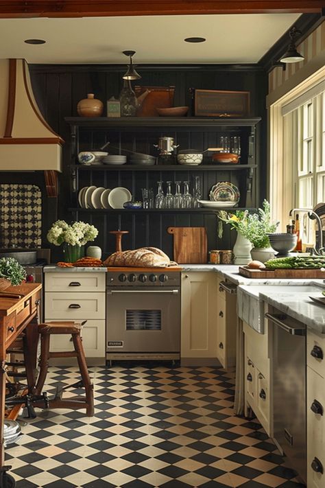 1920s kitchen flooring checkerboard in a kitchen Checkerboard Floor Kitchen, 1920s Home Interior, 1930 Kitchen, Vintage Renovation, 1940s Interior, 1920s Home Decor, Kitchen Flooring Ideas, 1920s Kitchen, 1930s Kitchen