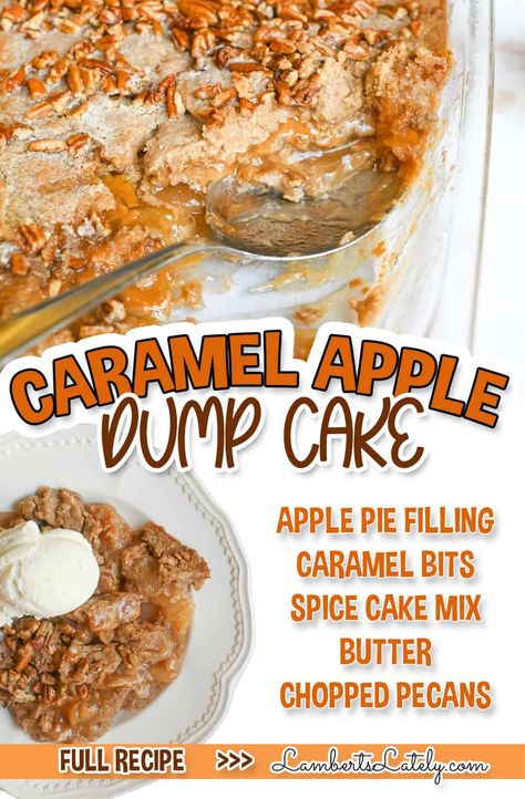 This easy Caramel Apple Dump Cake only has 5 ingredients and takes just minutes to prepare! Enjoy a rich, sweet caramel apple filling with buttery spice cake. Apple Dump Cake With Pie Filling, Crockpot Apple Dump Cake, Caramel Apple Filling, Caramel Apple Spice Cake, Caramel Apple Cake Recipe, Apple Dump Cake Recipe, Easy Dump Cake Recipe, Apple Dump Cake, Caramel Apple Spice