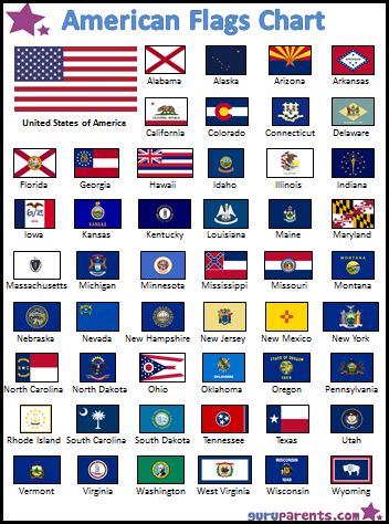 American Flags Chart: A colorful chart with the 50 United States Flags. Explore the history and geography of America with this free, printable chart showing the variety of flags of each of the fifty states. Us Geography, States And Capitals, Homeschool Geography, United States History, Printable Chart, American Flags, United States Flag, Homeschool History, Flags Of The World