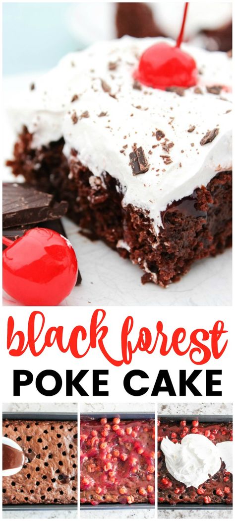 Black Forest Poke Cake is a rich chocolate fudge cake. This chocolate cherry torte will melt in your mouth as you savor every gooey fudge filled bite. #cakerecipes #blackforest #chocolatecake Black Forest Poke Cake, Cherry Torte, Chocolate Cherries, Recipes Chocolate, Poke Cakes, Chocolate Fudge Cake, Recipe Simple, Fudge Sauce, Fudge Cake