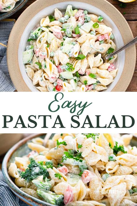 Full of fresh, flavorful ingredients, this easy pasta salad recipe is a popular side dish for picnics, potlucks, and cookouts. The creamy cold pasta salad starts with a bright, smooth dressing made with mayo, lemon, fresh basil, and garlic. Perfect for spring and summer entertaining! Cold Pasta Salad Recipes Easy, Creamy Pasta Salad Dressing, Pasta Salad With Mayo, Easy Cold Pasta Salad, Mayo Pasta Salad Recipes, Lemon Basil Pasta, Spring Pasta Salad, Homemade Pasta Salad, Easy Pasta Dinner Recipes