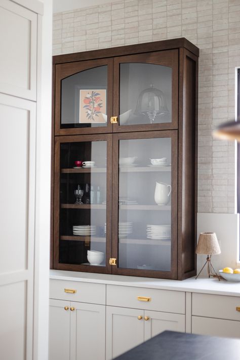 Countertop Glass Cabinet, Pantry Hutch Cabinet, Countertop Hutch, Kitchen With Glass Cabinets On Top, Using Hutch For Kitchen Cabinets, Glass Cabinet Styling Kitchen, High Cabinet Glass Door, China Cabinet Kitchen Cabinets, Hutch Into Kitchen Cabinet