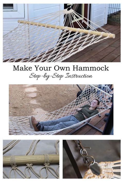 Learn how to make a hammock. Full size! Using macrame cord and wooden closet rods, here are step by step instructions on how to make a hammock. This is a free hammock pattern! Hammock Pattern, Wooden Closet, Closet Rods, Outdoor Furniture Cushions, Diy Cushion, Backyard Diy Projects, Macrame Cord, Farm Table, Furniture Outdoor