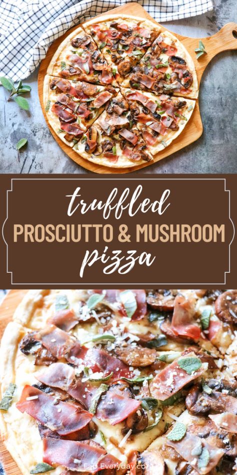 Truffle Mushroom Pizza Recipe, Truffle Pizza Mushroom, Truffle Oil Pizza Recipes, White Truffle Pizza, Mushroom Prosciutto Pizza, Truffle Pizza Recipe, Fancy Pizza Recipes, Truffle Oil Pizza, Gourmet Pizza Toppings