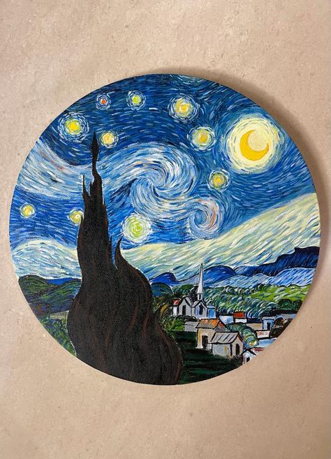 Small Circle Painting Ideas, Starry Night Canvas Painting, Circular Canvas Painting Ideas, How To Paint Starry Night, Easy Starry Night Painting, Painting Ideas Circle Canvas, Circle Canvas Ideas, Circular Painting Ideas, Painting Ideas On Circle Canvas