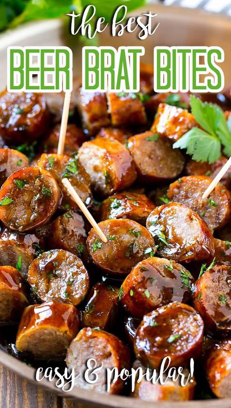 Beer Brat Appetizer, Appetizers For Party Easy Crock Pot, Easy Sausage Appetizers, Bratwurst Bites Recipes, Recipes Using Beer Brats, Braut Recipes Bratwurst Air Fryer, Summer Work Happy Hour Outfit, Beer And Appetizer Pairings, Beer Party Food Ideas