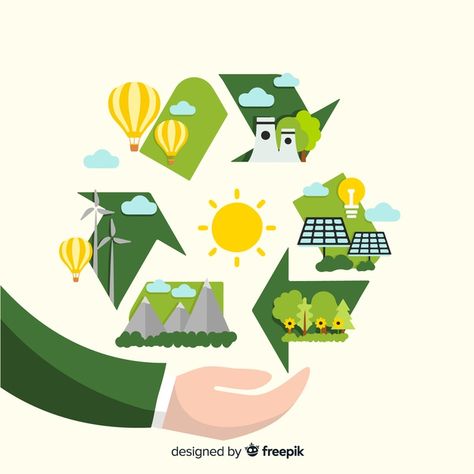 Flat design ecology concept with natural... | Free Vector #Freepik #freevector #freedesign #freehand #freeleaf #freegreen Recycle Drawing Poster, Renewable Energy Drawing, Renewable Energy Illustration, Recycle Drawing, Renewable Energy Poster, Energy Conservation Poster, Recycling Poster, Save Energy Poster, Earth Symbols