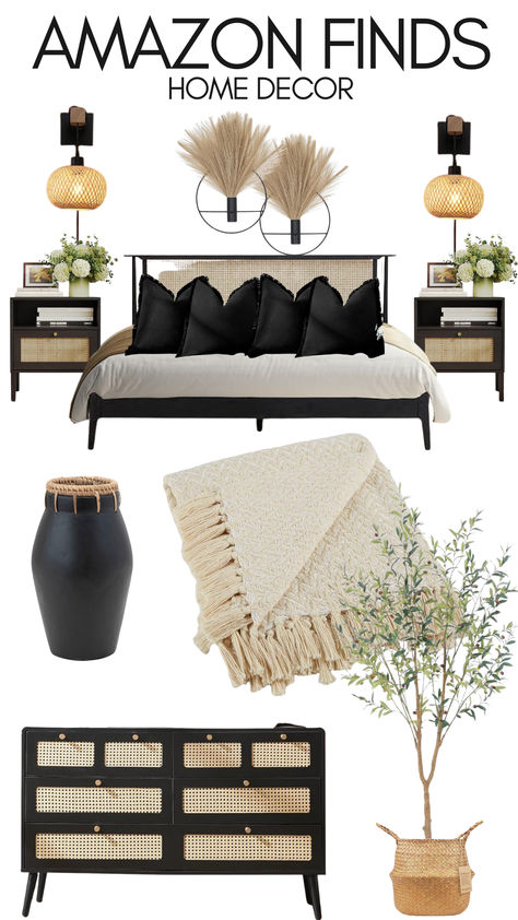 boho home decor I boho bedroom I guest bedroom         #boho #guestbedroom #guestroomdecor #homedecor #bedroomdecor #amazonfinds #amazonhome #ad #blackbedroom Afrocentric Boho Bedroom, Black And Tan Boho Bedroom, Black White And Brown Boho Bedroom, Amazon Guest Bedroom, Boho Bedroom With Black Furniture, Amazon Boho Bedroom, Black And Tan Bedroom Ideas, Guest Bedroom Boho, Afro Boho Bedroom