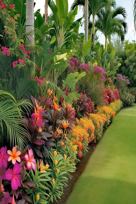 Tropical Plant Landscaping, Hawaiian Backyard Ideas, Lilly Landscape Ideas, Plumeria Tree Landscape, Plumeria Landscaping Ideas, Tropical Flower Bed, Jamaican Garden, Garden With Palm Trees, Hawaiian Landscaping