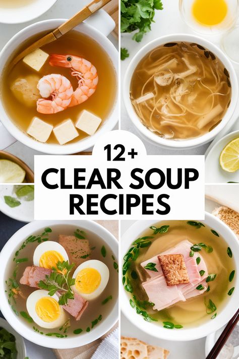 Warm up with these delicious clear soup recipes that will brighten your day! Perfect for cozy nights or when you need a little comfort. these broths are packed with flavor. Explore tasty options like vegetable broth chicken noodle soup miso soup and bone broth to delight your taste buds! Japanese Broth Soup, Noom Recipes Soups, Soup Broth Diet, Best Broth Based Soups, Simple Bone Broth Soup, Clear Veggie Soup, Easy Soup Recipes Broth, Chinese Broth Soup Recipes, Diverticulos Soup Recipes