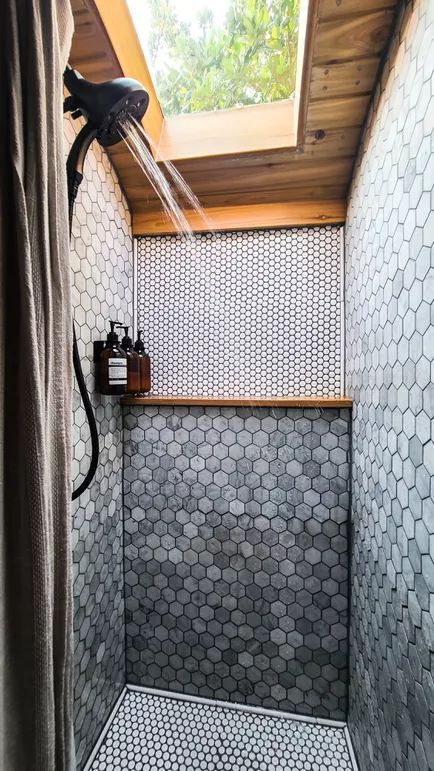 Tiny House Shower, Tiny Wet Room, Farm Style Bathrooms, Teak Shower Floor, Clear Glass Shower Door, Tiny Home Bathrooms, Tiny House Bathrooms, Camper Bathroom, Rv Bathroom