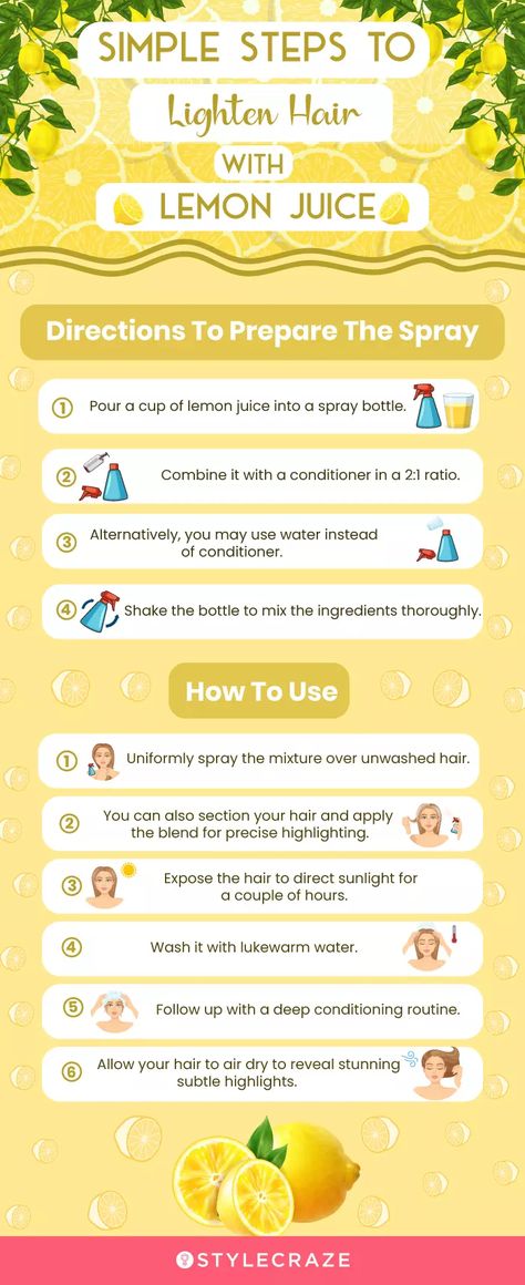 Lemon Juice Highlights, Lemon Juice For Hair, Hair Lightener Diy, Lemon Hair Lightening, Tips To Grow Hair, Lemon Juice Hair, Lemon Highlights, Hair Lightening Spray, Rid Of Frizzy Hair