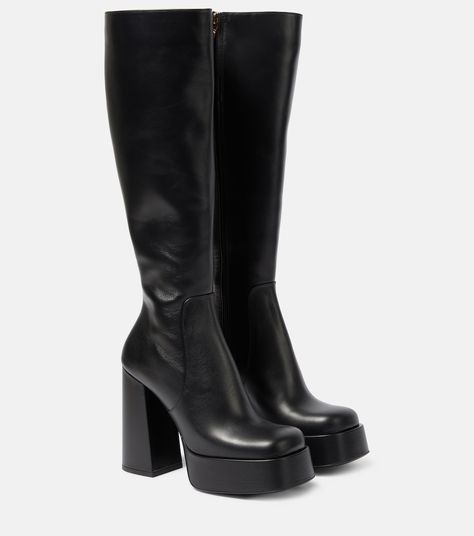 Aevitas Leather Platform Knee High Boots in Black - Versace | Mytheresa Versace Boots, Versace Heels, Platform Knee High Boots, Leather High Heel Boots, Dr Shoes, Black High Boots, Versace Gold, Black Knee High Boots, Aesthetic Shoes