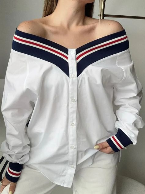 Loose Cold Shoulder Color Block Urban Shirt Color Block Fashion, Urban Shirt, Colour Blocking Fashion, White Decoration, Clothing Design Sketches, Off Shoulder Shirt, Buy Shirts, Trendy Fashion Tops, Classy Dress Outfits