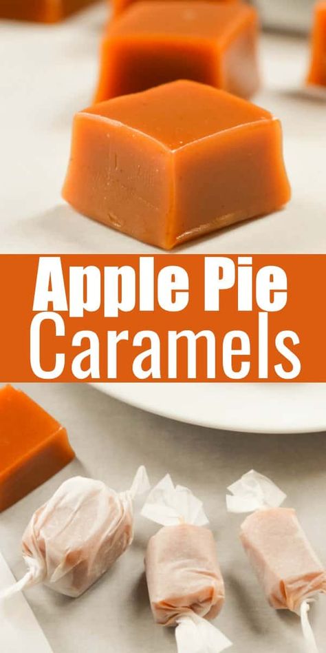 Apple Pie Caramels recipe are a soft caramel made with apple cider reduction. Apple Caramels are a favorite for Christmas Candy trays from Serena Bakes Simply From Scratch. Apple Cider Caramels Recipe, Diy Caramels Candy, Kilwins Caramel Apples Recipe, Caramel Candy Recipes, Fall Homemade Candies, Home Made Caramel Candy, Homemade Halloween Candy Recipes, Fall Candy Recipes, Caramel Recipes Desserts