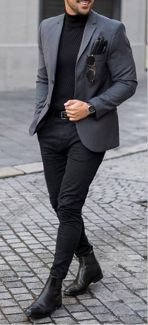 Black Coat Pant Men Formal, Formal Business Attire For Men, Conference Outfit Men, Formal Blazer Outfits Men, Mens Christmas Outfit Formal, Turtleneck Outfit Men, Interview Outfit Men, Smart Clothing, Fashion Outfits Aesthetic