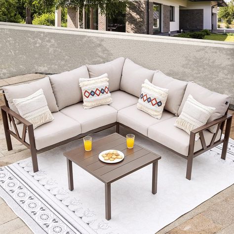 Amazon.com: COMLAX FIELD Patio Furniture Set, 6 Pieces Outdoor Couch Sectional, L Shaped Patio Sofa, Metal Patio Couch Sectional with Side Table, Outdoor Seating Conversation Set, Beige : Patio, Lawn & Garden L Shaped Patio, Modern Outdoor Patio, Metal Patio Furniture, Patio Couch, Outdoor Sofa Sets, Outdoor Couch, Outdoor Patio Furniture Sets, Garden Furniture Sets, Patio Sofa