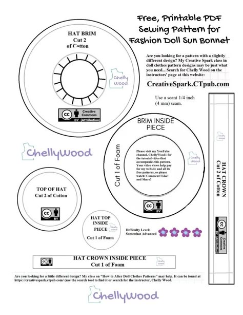 Let’s make a “Red Hat Society” dress and hat with free patterns @ ChellyWood.com #RedHatSociety #Barbie - Free Doll Clothes Patterns Ken Doll Hat Pattern, Doll Bonnet Pattern Free, Barbie Hat Patterns, Barbie Patterns Sewing Free Printable, Chellywood Patterns, Barbie Doll Clothes Patterns Free, Clothes Sewing Patterns Free, Barbie Clothes Sewing, Crafts For Barbie