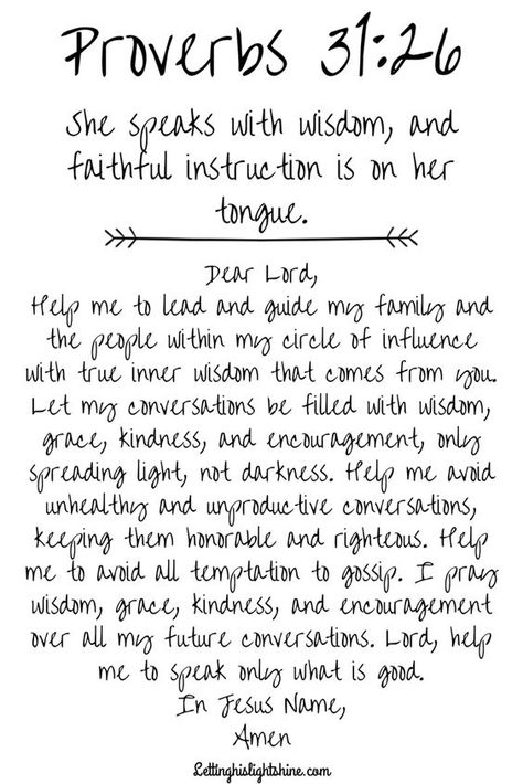 Proverbs 31:26 – A bit of bible, a bit of prayer was created so that people could see a verse and a prayer together at the same time, as an encouragement to stop, absorb, and pray. It only takes a minute to connect with God. The results are priceless, because as we draw near to Him, He will draw near to us. Stop, absorb, and pray. #Jesus #god #faith #bible #christian #hope #pray #scripture #inspirational #godfirst #lettinghislightshine Scriptural Prayers, Pray Scripture, Proverbs 31 26, Bible Things, Beautiful Sayings, Scripture Writing, Daily Walking, Garage Bedroom, Powerful Prayers