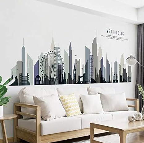 Amazon.com: City Wall Sticker, Large Wall Decal Living Room, Black Wall Decals, Vinyl Decal, City Skyline Wall Decal for Bed Room, Kids Room, Office, 80 x 29 inch : Baby Living Room Black Wall, Black Wall Decals, Wall Decal Living Room, Wall Decals Living Room, Large Wall Decals, Living Room Black, Music Room Decor, Support Wall, Grey Wall Art