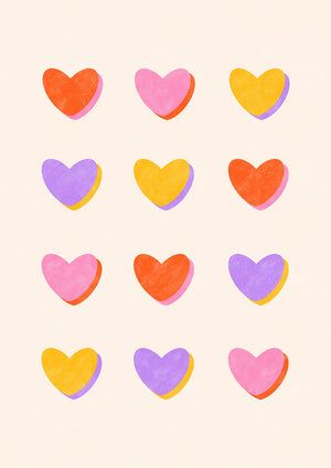 Bright Wall Art Prints, Bright Colourful Wallpaper, Heart Cute Illustration, Valentines Day Colour Palette, Simple Prints For Walls, Easy Patterns To Paint, Heart Print Pattern, Heart Pattern Design, Bold Art Print