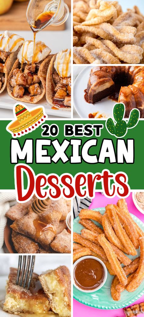 Easy Mexican Dessert Recipes – Treat yourself to 20 of Mexico’s most popular desserts, including the world-famous churros. From churros, to sweet empanadas, to sopapillas and more glorious Mexican desserts. Cinco de Mayo desserts | Mexican Night | Taco Tuesday | Summer Desserts | Cinco de Mayo Dessert Recipes | Mexican Dessert Mexican Treats Desserts, Sweet Empanadas, Desserts Mexican, Mexican Dessert Recipes Easy, Churro Dessert, Traditional Mexican Desserts, Mexican Sweets, Mexican Desserts, Dessert Taco