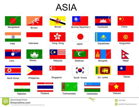 Illustration about List of all flags of Asian countries. Illustration of gaza, india, hong - 12977660 Asian Country Flags, World Flags With Names, All World Flags, Asian Flags, Countries Of Asia, World Map With Countries, Asia Continent, Asia City, Africa Flag