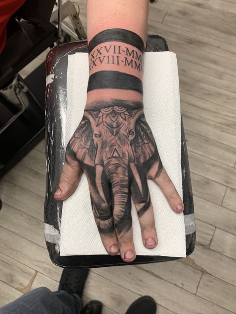 Elephant hand tattoo Elephant Hand Tattoo, Elephant Tattoo On Hand, Finger Tattoos Words, Mandala Elephant Tattoo, Elephant Tattoo Meaning, Cute Elephant Tattoo, Elephant Tattoo Design, Cool Chest Tattoos, Chest Tattoos For Women