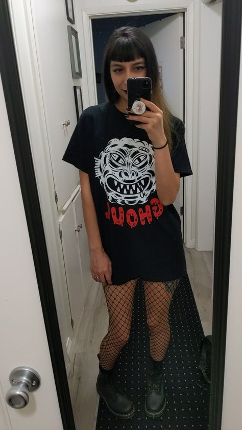 Oversized shirt, fishnets, docs Fishnets Oversized Shirt, Emo Style, Stockings Outfit, Big Shirt, Emo Fashion, Grunge Goth, Oversized Shirt, Oversized Tshirt, Urban Fashion