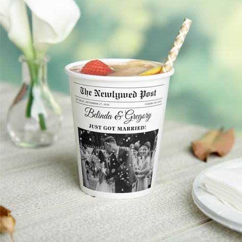 A fun newspaper style wedding design. This newspaper wedding theme has been designed to mimic a traditional newspaper with customized headlines, text and black and white photos. This newspaper template will automatically change your uploaded photos into black and white, so need to change them. A unique newspaper style wedding design ideal for all types and weddings. A classy elegant wedding paper cup design with modern unique elements. Matching wedding invitations and other stationery items are Unique Place Settings Wedding, Cute Unique Wedding Ideas, Newspaper Theme Party, Fiestas Black And White, Wedding Touches Unique, Black And Cream Wedding Theme, Small Wedding Food Ideas, Black And White Wedding Theme Receptions, Modern Black And White Wedding Decor