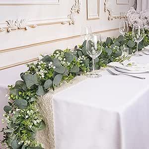 2 Pcs Eucalyptus Garland with White Flowers,5.9FT Artificial Greenery Garland Fake Vines Eucalyptus Garland for Wedding Centerpiece Table Party Indoor Outdoor Wall Decor Wedding Mantle, Leaf Table Decor, Vine Decoration, Artificial Eucalyptus Garland, Fake Flower Bouquet, Tafel Decor, Feuille Eucalyptus, Artificial Eucalyptus, Artificial Plants Outdoor