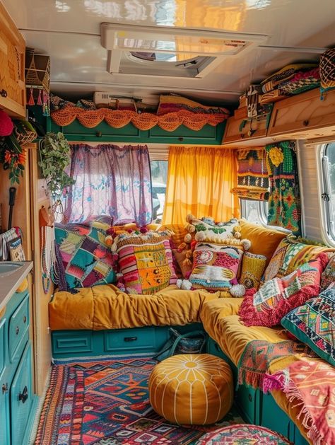 Take your van life to the next level with these luxurious boho camper interior ideas that embody glamping. From intricate drapes to plush cushions, these interiors offer comfort and style, making every getaway feel like a retreat into nature's lap. Travel Trailer Living Ideas, Boho Caravan Ideas, Cosy Campervan Interior, Colorful Camper Remodel, Camper Inside Ideas, Bohemian Camper Decor, Maximalist Camper, Boho Motorhome Interior, Cottagecore Camper Interior