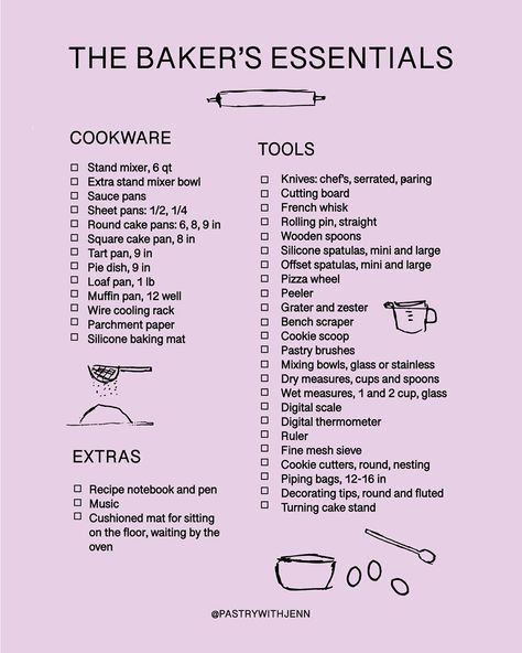 Baking Equipment Kitchen Tools, Baking Essentials Tools, Kitchen Equipment List, Strawberry Social, Culinary Basics, Cookie Tips, Pantry List, Kitchen Essentials List, Home Bakery Business