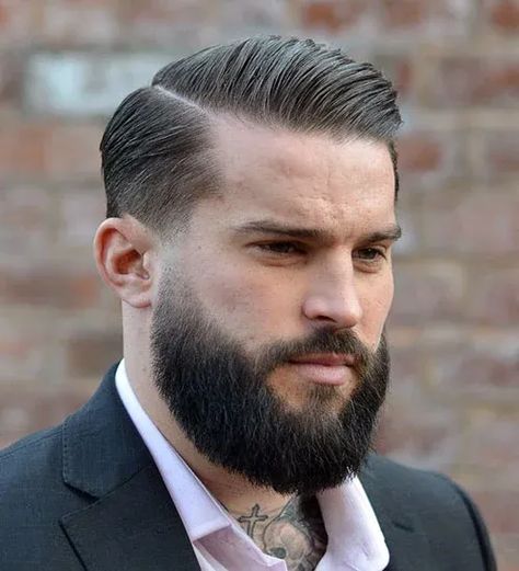 Comb Over Fade with Shaved Part and Full Beard Beard Styles Haircuts, Trending Hairstyles For Men, Mens Modern Hairstyles, Haircuts For Balding Men, Side Part Haircut, Beard Haircut, Trendy Mens Haircuts, Classy Hairstyles, Side Part Hairstyles