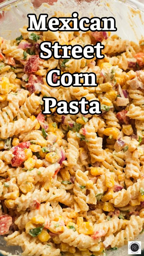 Loaded with all your favorite flavors and a punch of spice, this Mexican Street Corn Pasta is super easy to make and is delicious! Things To Make With Corn, Mexican Potluck Ideas, Christmas Tacos, Pomegranate Desserts, Mexican Pasta Recipes, Corn Poblano, Bbq Dinners, Creamy Cilantro Sauce, Mexican Street Corn Pasta Salad