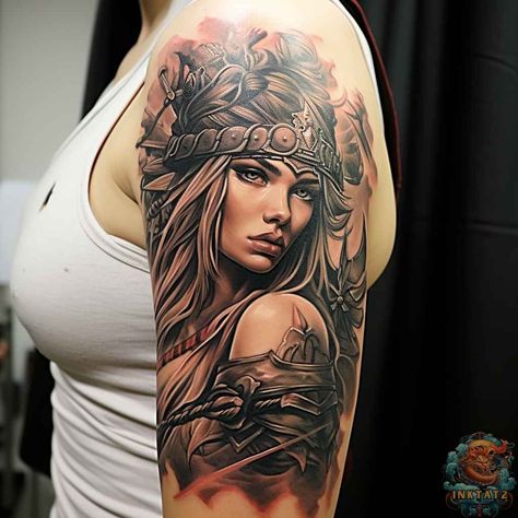 A Symbol of Strength: The Fascinating Meaning Behind the Female Warrior Tattoo – 40 Designs - inktat2.com Amazonian Women Tattoo, Fitness Tattoos For Women, Goddess Warrior Tattoo, Badass Female Tattoos, Lady Warrior Tattoo, Aztec Warrior Tattoo For Women, Valkyrie Tattoo Woman Female Warriors, Aztec Girl Tattoo, Warrior Women Tattoo