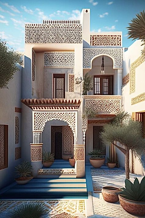 Small Moroccan House, Arabic House Design Exterior, Islamic House Design, Moroccan House Exterior, Islamic Architecture House, Uae Fashion, Moroccan Houses, Santorini House, Coastal Architecture