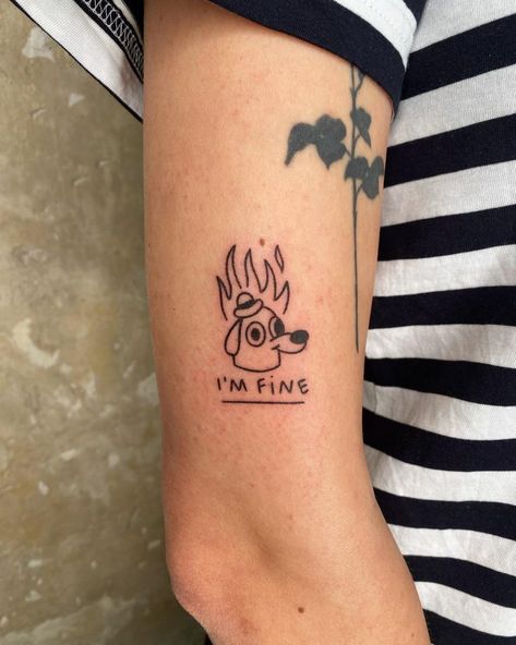 23 Funny Tattoos For Everybody in 2022 - Small Tattoos & Ideas This Is Fine Dog Tattoo, Futurama Tattoo Simple, Cute Funny Tattoo Ideas, Funny Flash Tattoo Ideas, Small Funny Tattoos Simple, Funny Small Tattoos For Guys, Small Funny Tattoo Ideas, Silly Small Tattoos, Small Tattoos Funny