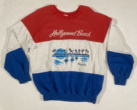 Measurements: Bottom of Collar Center Back Length - 24.5" Pit to Pit - 23" Sleeve Length - 18.5" 80s Beach Fashion, Vintage Clothes Aesthetic, Hollywood Beach Florida, 80s Beach, Red Guy, Hollywood Beach, Usa Sweatshirt, Vintage Los Angeles, Nick Jr