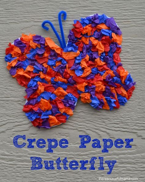 This crepe paper butterfly craft is a great spring and summertime craft for kids. Paper Butterfly Crafts, Crepe Paper Crafts, Alzheimers Activities, Summertime Crafts, Tissue Paper Crafts, Butterfly Craft, Insect Crafts, Camp Crafts, Crumpled Paper