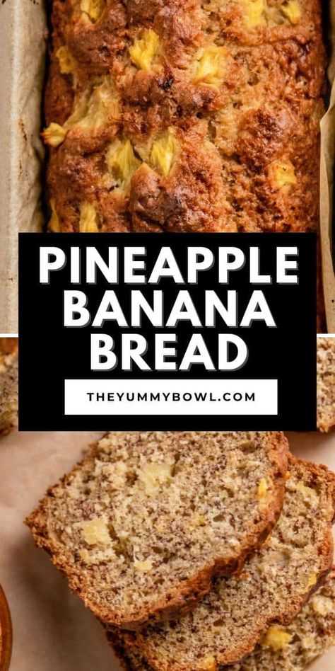 This moist banana pineapple bread is a delicious quick bread recipe similar to classic banana bread but with a tropical twist with sweet pineapple flavor! Enjoy this Hawaiian banana bread as individual slices for a sweet breakfast treat, snack, or dessert with a scoop of vanilla ice cream. Banana Hawaiian Bread, Banana And Pineapple Bread Recipe, Banana Pineapple Dessert, Moist Pineapple Banana Bread, Banana And Pineapple Bread, Breads With Bananas, Hawaiian Pineapple Bread, Jamaican Banana Bread, Banana Pineapple Bread Recipe Moist